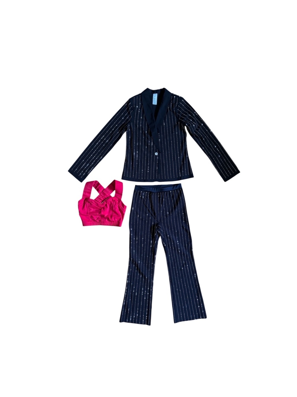 Weissman | 3-Piece Rhinestone Pinstripe Suit Black with Red Tank, Size MC LC - Picture 2 of 3